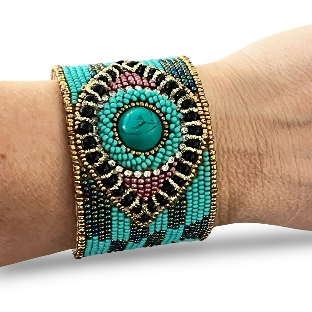 Turquoise and Gold Colored Beaded Evil Eye Cuff Bracelet